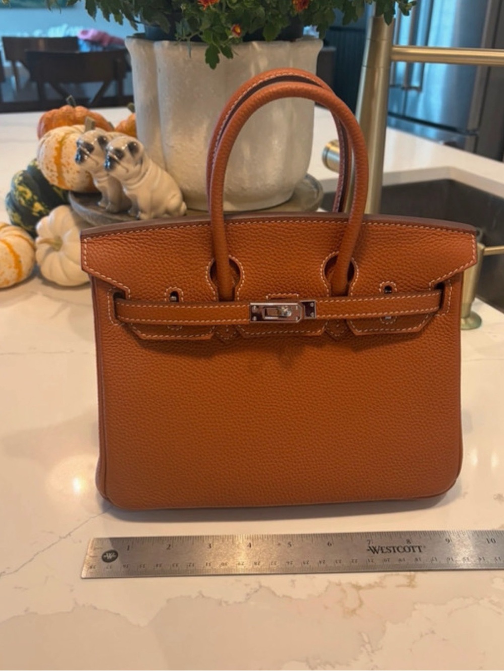 Tan Brown Structured Top Handle Handbag with Lock